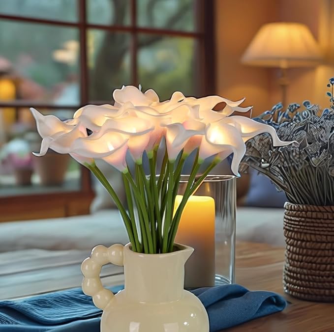 20pcs Artificial Calla Lily Bouquet Lamp Faux Floarl Night Light Real Touch Flower Night Lamp LED Calla Lily Artificial Flower Light for Christmas Gifts Home Kitchen Decor(Whitepurple)