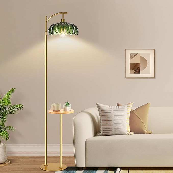 QIYIZM Glass Floor Lamp with Table and Shelves for Living Room Bedroom,Gold Standing Lamp with Remote Dimmable,Boho Brass Tall Lamp Vintage Farmhouse Arc Green Flower Floor Light Bohemian