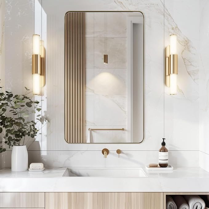 ANDY STAR 24x40 Inch Gold Bathroom Mirror, Stainless Steel Metal Frame with Rounded Corner, Rectangle Glass Panel Wall Mounted Mirror Decorative for Bathroom