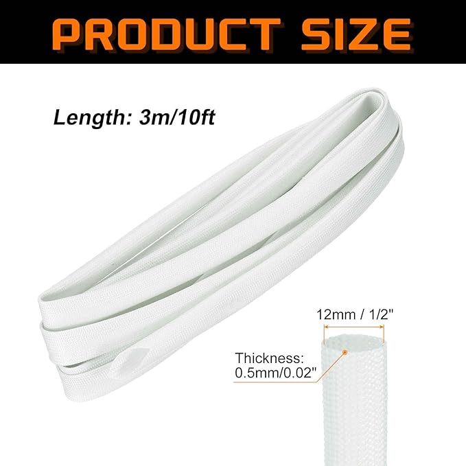 MECCANIXITY 10ft Braided Cable Sleeve, 1/2" ID 200C High Temperature 1500V Fiberglass Wire Insulation Cord Protector Organizer Wires Management for Motor Engine Fuel Line, White