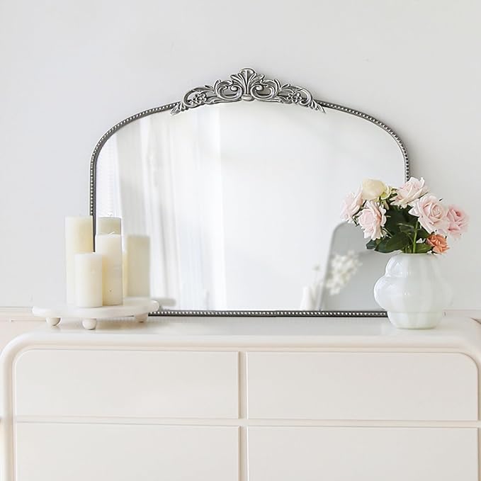 Micasso Vintage Silver Arched Mirror: 36"x29" French Baroque Antique Wall Mounted Mirror - Traditional Ornate Decorative for Wall/Fireplace/Entryway/Bathroom/Hallway - Home Decor for Living Room