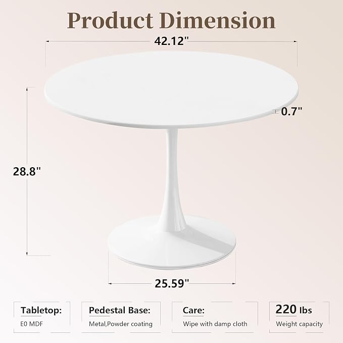 42" Tulip Table for 4-6 Persons Modern Round Dining Room Table, Mid-Century Modern White Small Kitchen Table with MDF Wooden Top, Leisure Coffee Table for Living Room, Dining Room, Office