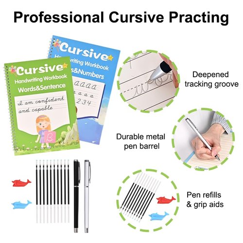 Grooved Cursive Handwriting Workbook by [Brand Name] - 2 Pack Reusable Practice Books for Kids Ages 8-12