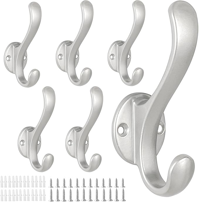6 Pack Coat Hooks Wall Mount Heavy Duty Utility Retro Double Hooks for Hanging Coats,Hat, Towel, Key, Robe, Scarf, Bag, Cap (Silver)