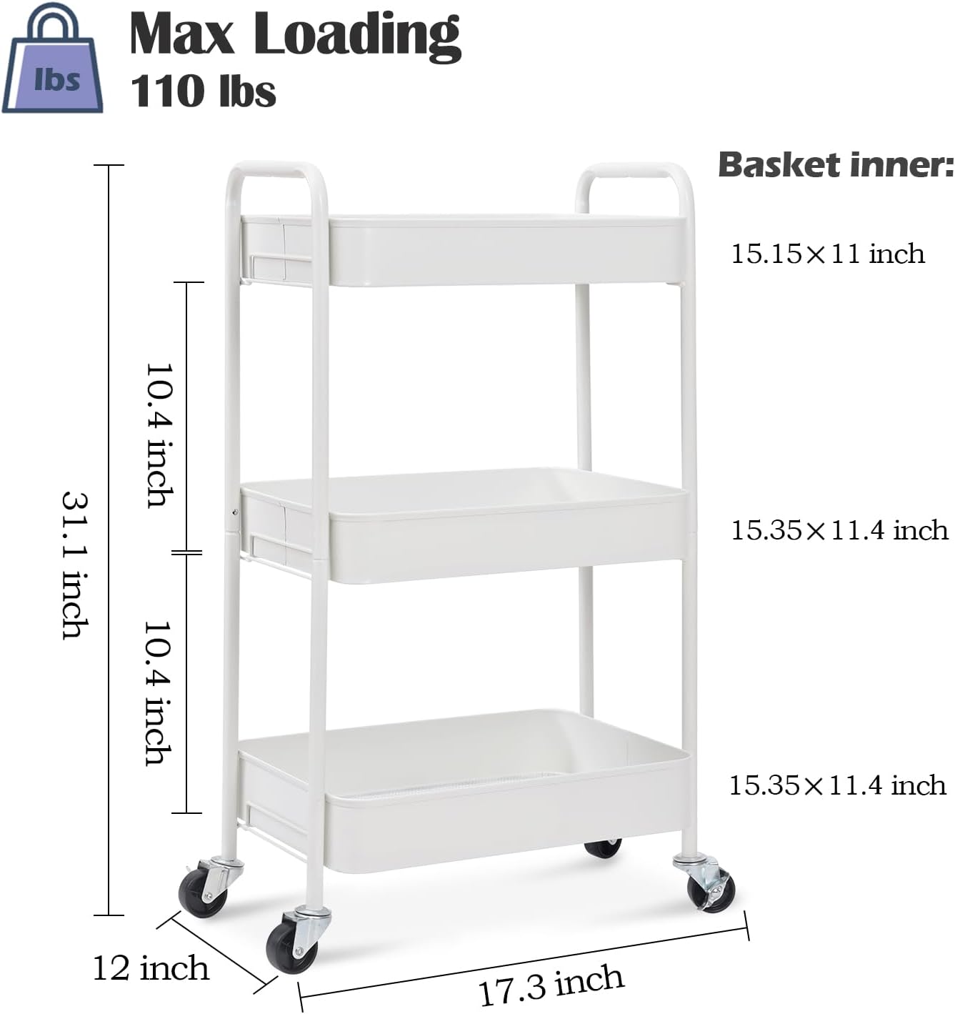 TOOLF 3-Tier Rolling Cart - Metal Utility Storage Organizer with Lockable Wheels | Easy Assembly, White
