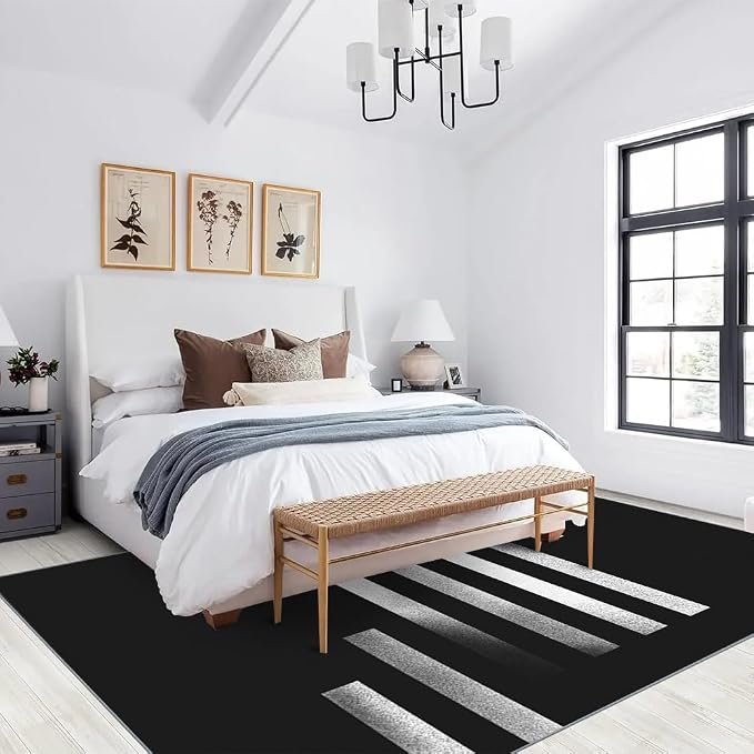 Minimalist Geometric Area Rugs, Black White Abstract Carpet, Washable Non Slip Low Pile Soft Rug for Living Room Bedroom Decor Mat 5x7ft