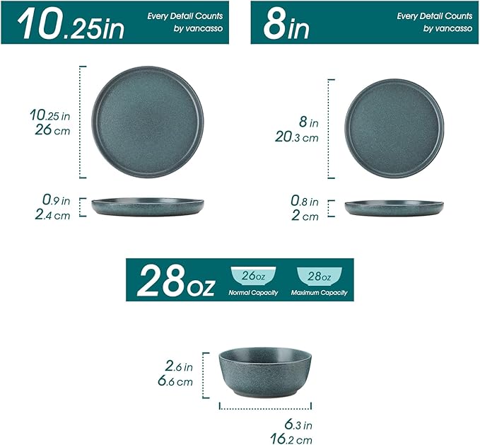 vancasso Plates and Bowls Sets, 24 Pieces Stoneware Dinnerware Set for 8, Ceramic Dish Set for Kitchen, Microwave and Dishwasher Safe, Smoky Teal, Series ZERMATT