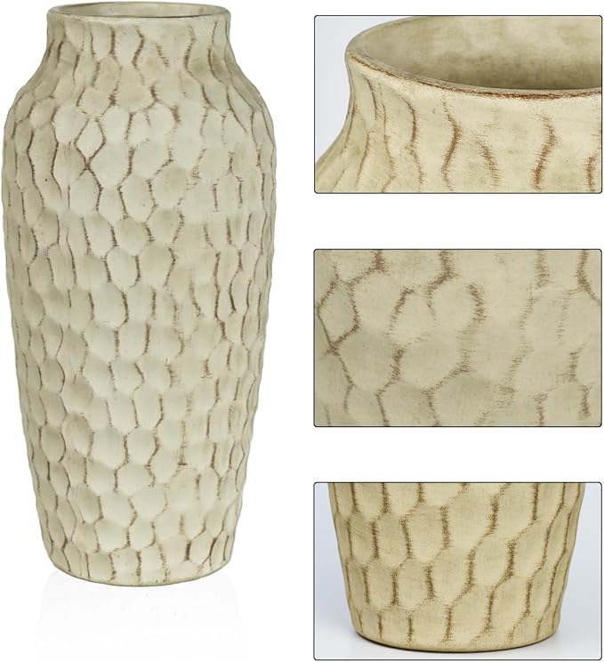 Rustic Beige Ceramic Vase for Flowers, Distressed Textured Vintage Farmhouse Decorative Vase for Pampas Grass, Eucalyptus, Table Centerpiece & Fall Home Decor