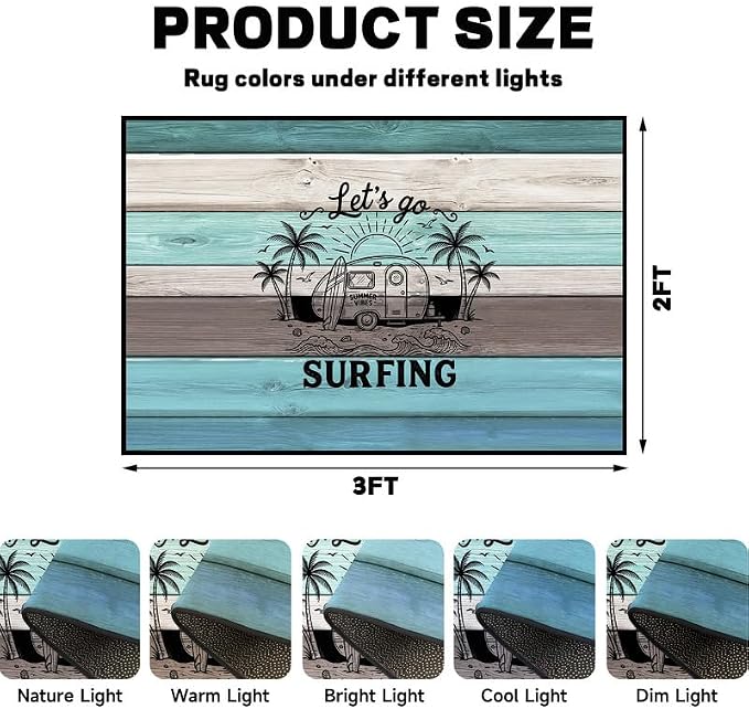 Surfing Area Rug Beach Van Palm Tree Carpet Retro Wood Grain Striped Rugs Non Slip Washable Floor Mat for Entryway Bedroom Living Room Nursery Playroom Home Decor,2'x3'