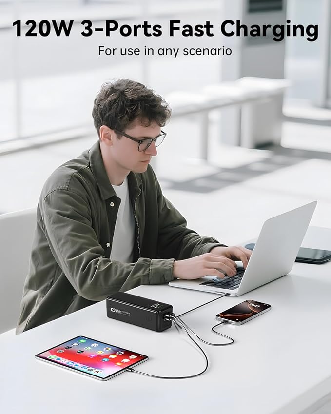 WOXABHSL 27000mAh 120W Fast Charging Power Bank, High Capacity 3-Port Laptop Portable Charger with Smart Display, Compatible with iPhone 16/15/14, Vision Pro, Samsung, MacBook & More