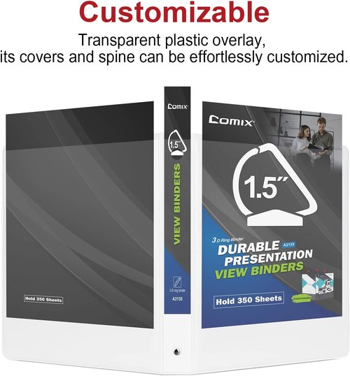 Comix 1.5-Inch D-Ring Binders - Sturdy 3-Ring Binders with Clear View Cover | Holds 350 Sheets, 6 Packs (White)