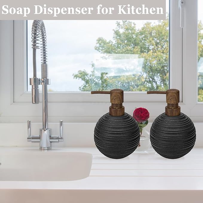 2pcs Hand Soap Dispenser Set, Sandstone Textured Resin Liquid Soap Dispenser for Bathroom Countertop, Heavy & Sturdy Dish Wash Soap Dispensers for Kitchen, Matte Black