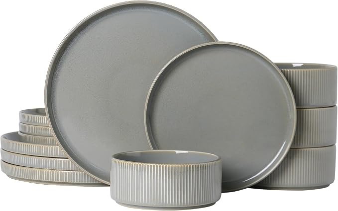 MONITO Ceramic Dinnerware Sets for 4, 12PCS Stoneware Plates and Bowls Sets, Reactive Glaze Dish Set, Chip and Scratch Resistant Double, Microwave and Dishwasher Safe, Sage Mist