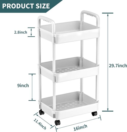 EZ COZY 3-Tier Rolling Cart - Versatile Plastic Organizer with Wheels for Nursery, Kitchen, and More | White