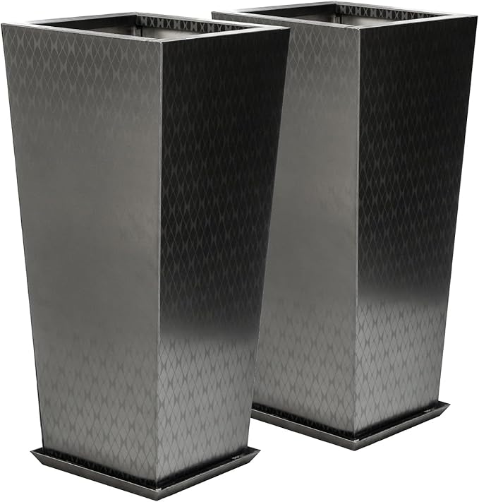 Luxury Stainless Steel Black Taper Tall Planter Box Set of 2 with Mirror Etching No Coating 24”H Top 11” Bottom 8”,Decrative Pot Indoor, Modern Décor for Home,Office,Tall Plants,Trees,Flowers