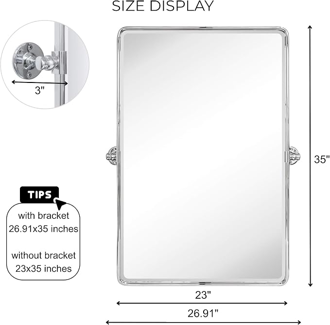 TEHOME Chrome Pivot Rectangle Bathroom Vanity Mirrror Farmhouse Tiltable Rounded Metal Framed Pivoting Bathroom Mirror with Beveled Mirrror, Overall 26.91 x 35 inches (Mirrror 23 x 35 inches)