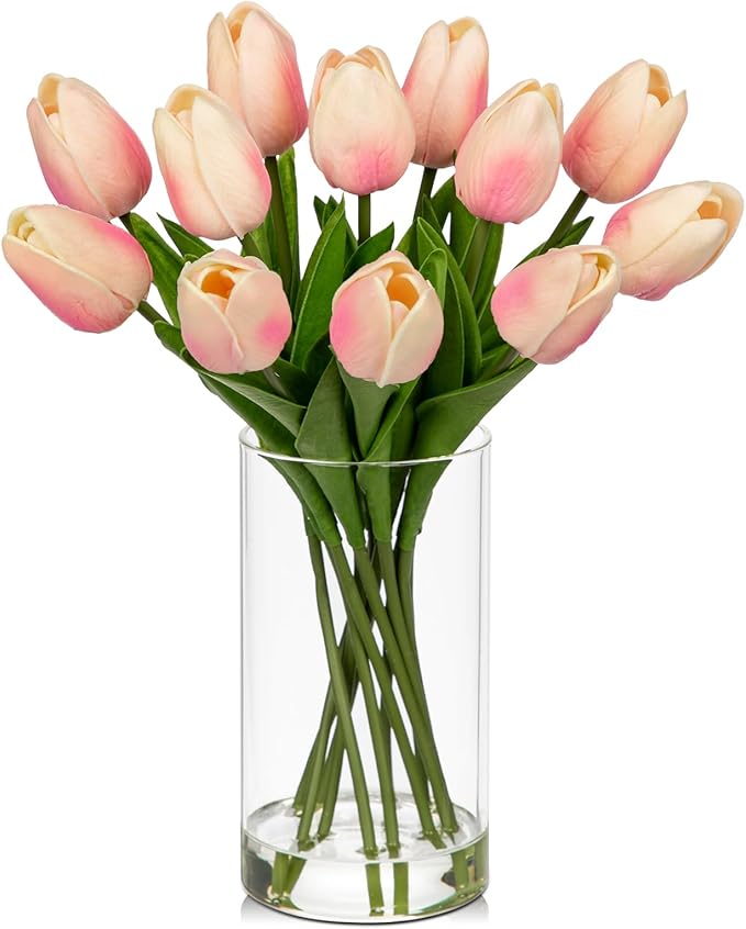 12 Pcs Artificial Real Touch Tulips Flowers in Glass Vase with Faux Water, Tulips Fake Arrangements Pink Tulip with Vase for Dining Table Home Decor Wedding Centerpieces