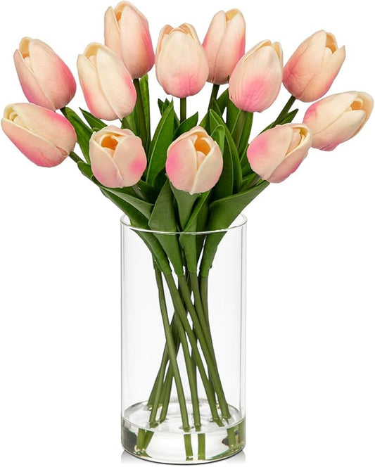 12 Pcs Artificial Real Touch Tulips Flowers in Glass Vase with Faux Water, Tulips Fake Arrangements Pink Tulip with Vase for Dining Table Home Decor Wedding Centerpieces