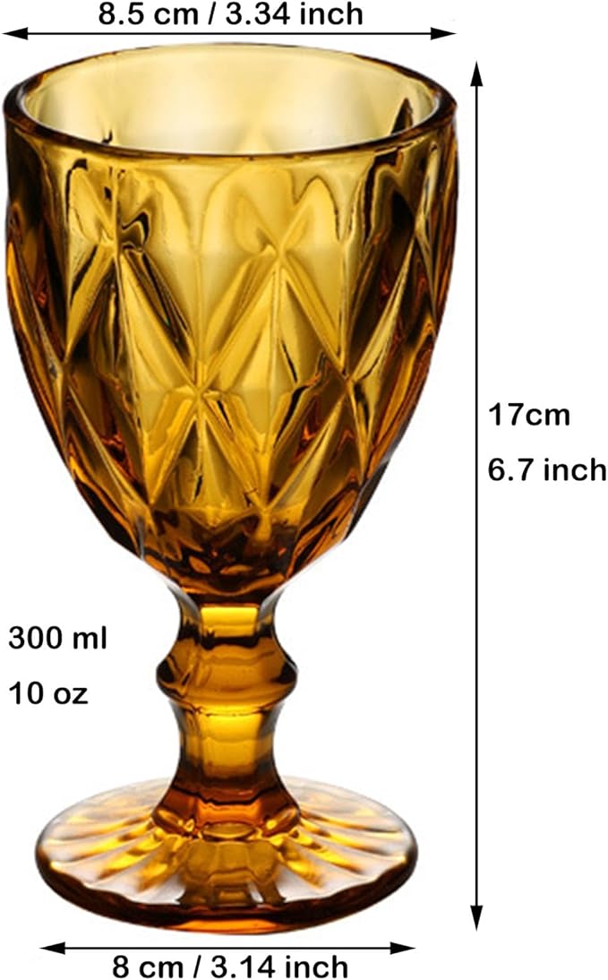 Taganov Amber Wine Glasses set of 6 Vintage Glassware Drinking Goblets 10 oz for Wedding Party Bar Pretty Colored Water Red Drinking Glasses