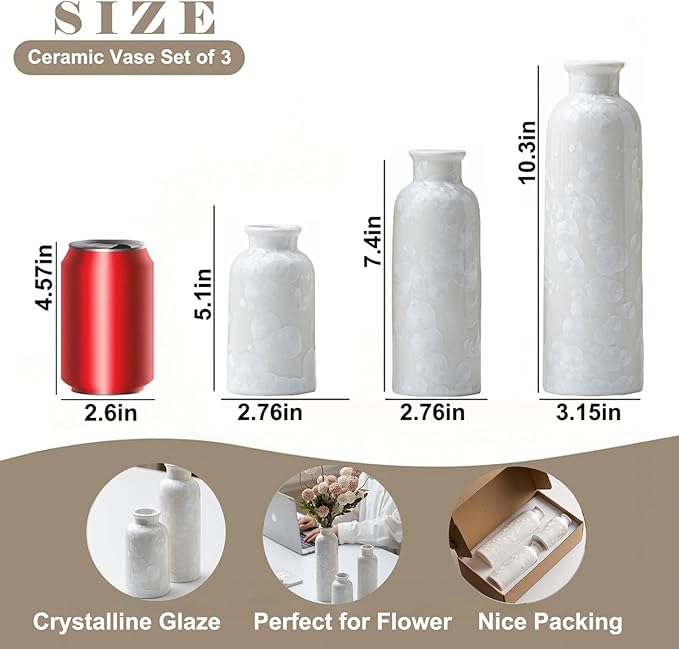 Modern Ceramic Vase Set of 3, White Crystalline Glaze Colors, Decorative Bottles for Home, Farmhouse Rustic Decor Housewarming Gifts, Wedding Gifts, Birthday Gifts for Women(Crystalline Glaze White)