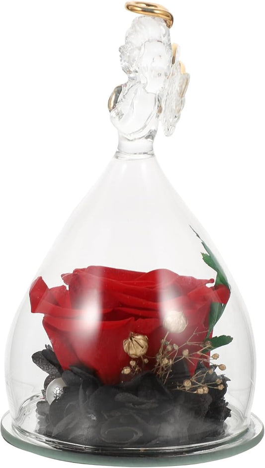 Garneck Eternal Preserved Rose with Angel Figurines in Glass Dome Romantic Desktop Ornament for Birthday Mother's Day Wedding Floral Decoration