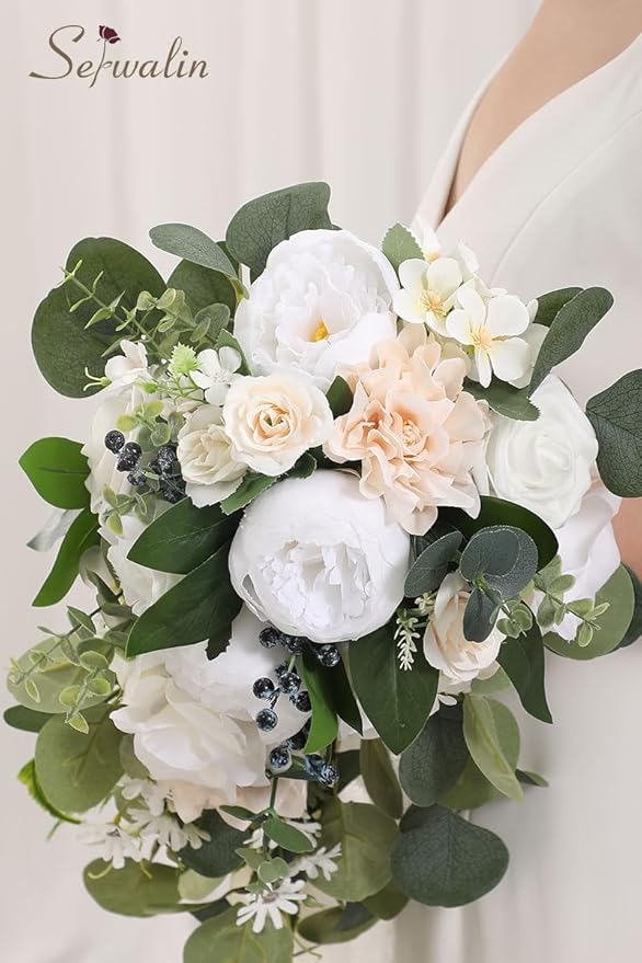 Serwalin 9.8 Inch Wedding Bouquets for Bride Bridesmaid, Forest White Peonies Bridal Bouquets for Bride, Wedding Flowers Bouquet Tossing Bouquet, Wedding Ceremony and Anniversary Day Decor