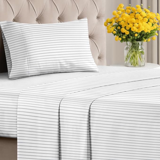 Light Grey and White Striped Sheets - 1 Flat & 1 Fitted Sheet & 1 Pillowcase w/ Deep Pockets - Wrinkle & Fade Resistant - Ultra-Soft, Breathable & Cooling - Luxury Pinstripe Bedding - Twin Size