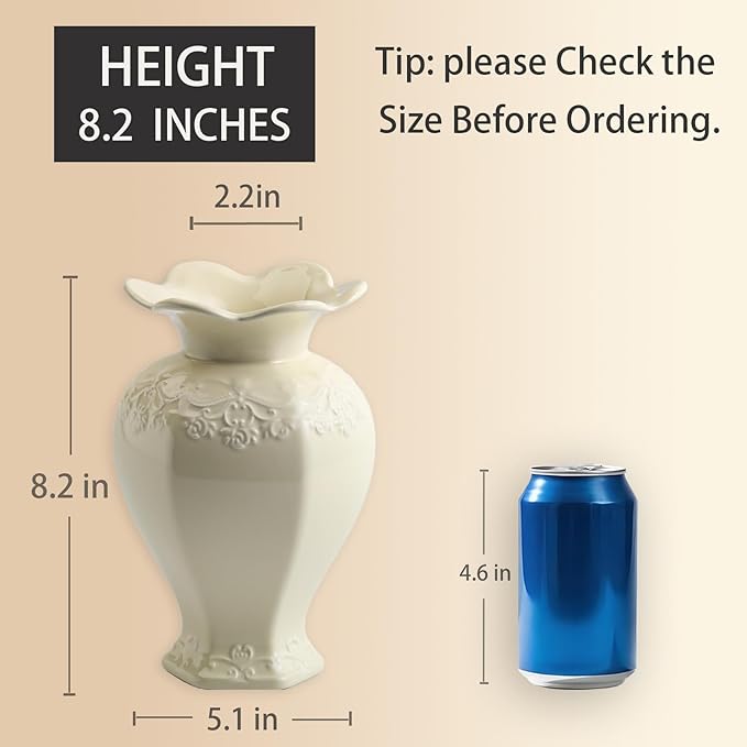 Relievo Elegant White Cream 8in 11in Ceramic Flower Tall Aesthetic Beige Table Tulip Wide Mouth Rose Filler Decorative Rustic Vase Decor for Home (Cream Vase, M)