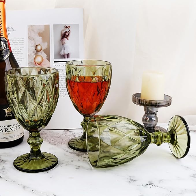 Pure Green Wine Glasses 6Pcs a Set Solid Colors Glass Goblets Colorful Dishwasher Safe Colored Glassware With An Embossed Vintage Never Fade Colored Goblets Pattern Like Crystal (Glass, Green)