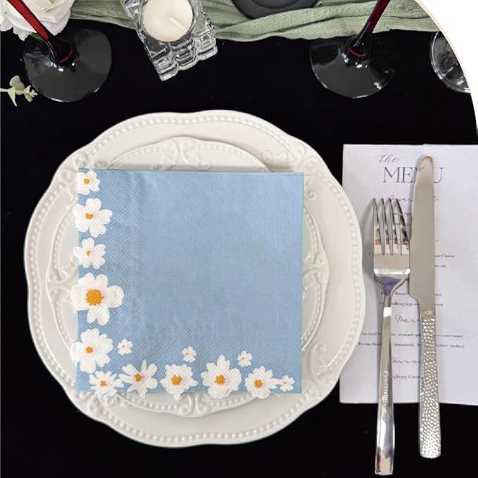100 Pack Floral Paper Napkins, Blue-White Flowers Cocktail Napkins Tea Party Decorations, 4-Ply Guest Napkins Disposable for Wedding Birthday Baby Shower Bar Hotel Restaurant Folded 6.5 x 6.5 Inches