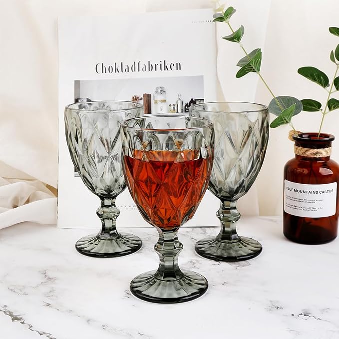 Pure Grey Wine Glasses 6Pcs a Set Solid Colors Glass Goblets Colorful Dishwasher Safe Colored Glassware With An Embossed Vintage Colored Goblets Pattern Like Crystal (Glass, Grey)