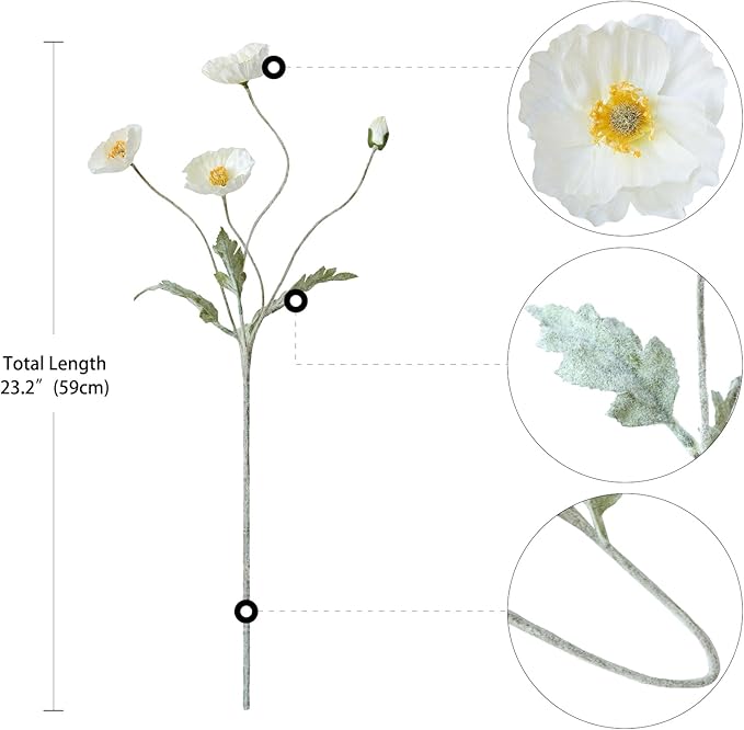6PCS White Poppy Artificial Fake Poppies Flower with Stems Silk Floral for Wedding Bouquet Party Spring Arrangement Home Cemetery Decorations