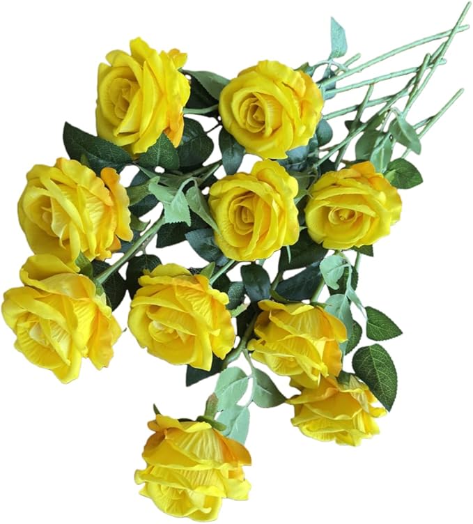 10 Pcs Artificial Rose Bouquets in Faux Flowers with Flannel and Silk-Like Touch Highly Realistic Handmade Ideal for Wedding Hotel Decorations Festival Party Decoration Gift & Props (Yellow)
