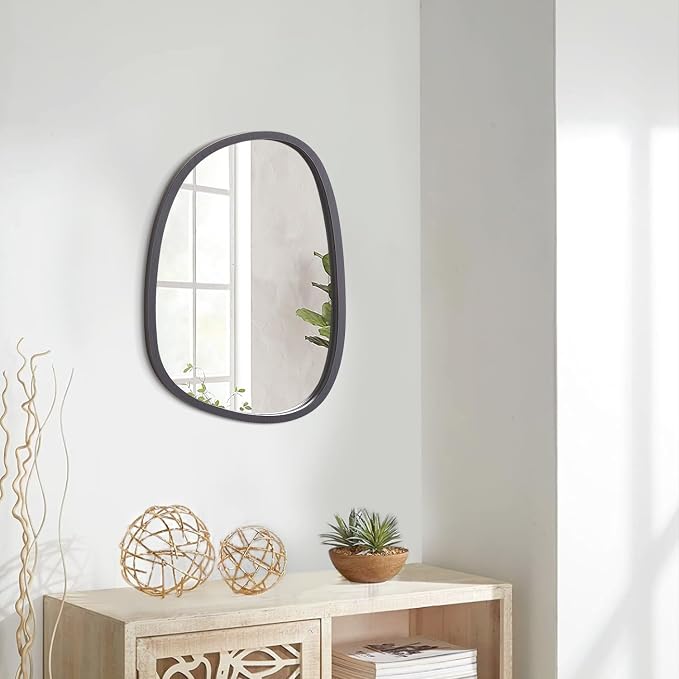 Irregular Wood Frame Asymmetrical Oval Mirror - Unique Modern Wall Mounted Artistic Mirror for Bathroom, Bedroom, Living Room & Entryway - Decorative 16"x12" Grey