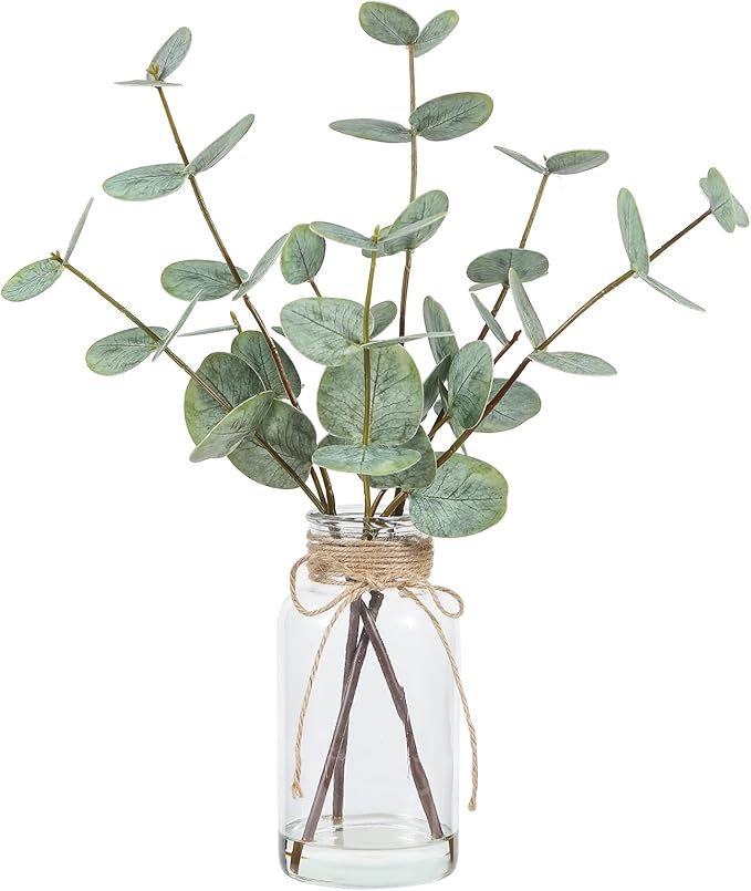 Artificial Eucalyptus Stems in Glass Vase with Faux Water, 15" Eucalyptus Fake Plants with Double-Sided Green Leaves for Home, Bathroom, Office, Farmhouse, Shelf Coffee Table Decor