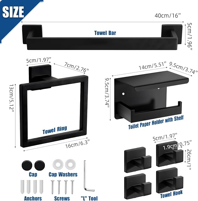 7-Piece Matte Black Bathroom Accessories Hardware Set, Stainless Steel 16" Towel Bar, Towel Ring, Toilet Paper Holder with Shelf, 4 Towel Hooks, Wall Mounted for Bathroom, Kitchen, Hotel