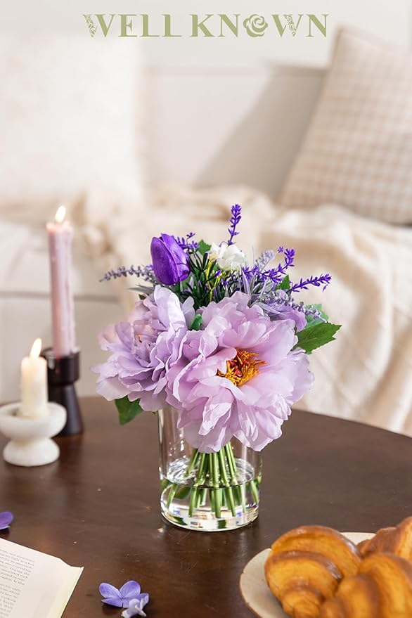 WELL KNOWN Artificial Flowers in Glass Vase with Fake Water, Silk Peony Fake Tulip Bouquet for Home Dinning Tea Table, Office Desktop, Hotel, Wedding, Party, Lavatory Decor & Gift (Lavender Purple)