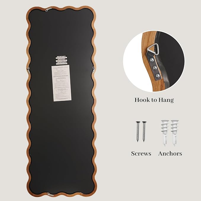 WallBeyond 24"x65" Full Length Mirror with Wood Frame, Natural Wood Wavy Mirror, Decorative Floor or Wall Mounted Mirror for Bedroom, Living Room, Entryway and Dressing Room