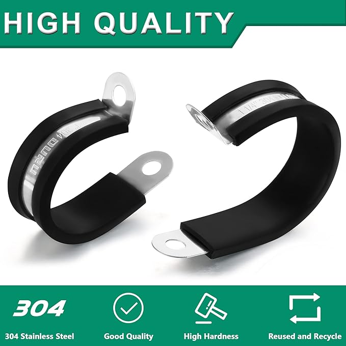 OURU 30PCS Stainless Steel Cable Clamps 9 Sizes—1/8" 3/16" 1/4" 5/16" 3/8" 1/2" 5/8" 3/4" 1" Rubber Coated Cushioned Insulated Cable Clamp,Automotive Cable Wire Clamps,Pipe Clamps(Black)