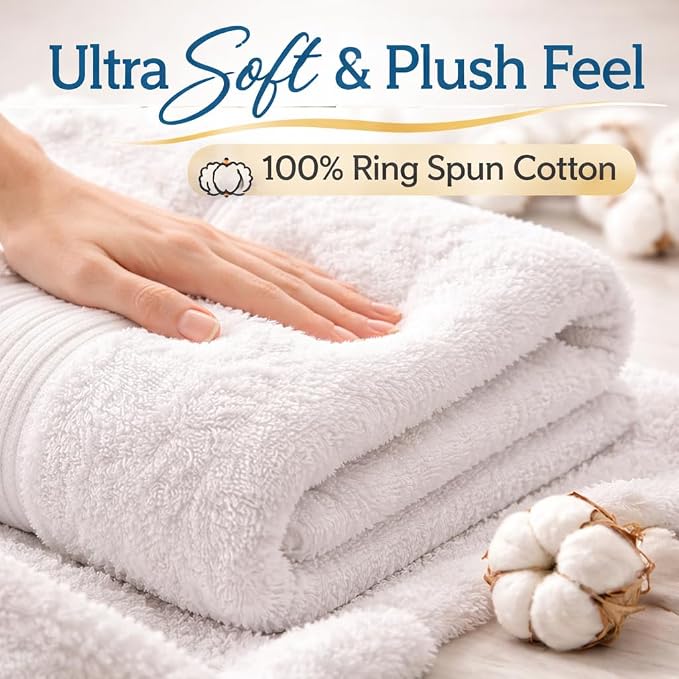Bath Towels 27x52 | Soft & Quick-Dry | Highly Absorbent 100% Ring Spun Cotton Towels for Bathroom, Spa, Home & Hotel Use (White (Pack of 4))