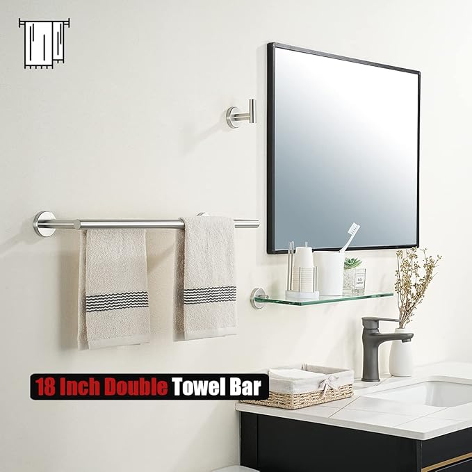 JQK Double Bath Towel Bar, 19 Inch 304 Stainless Steel Thicken 0.8mm Towel Rack Bathroom, Towel Holder Brushed Finished Wall Mount, Useable Length 16 Inch, TB100L16-BN