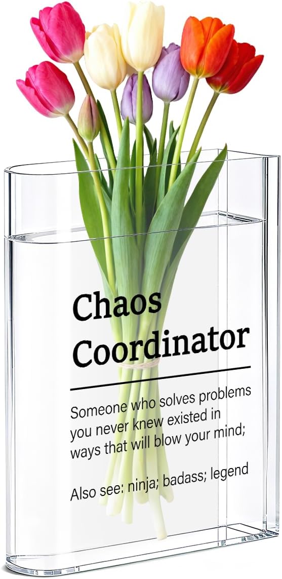 Chaos Coordinator Bosses Day Gifts for Women Men Manager Funny Office Decor for Women Wooden Acrylic Book Flower Vase National Boss Day Decorations Gifts for Leader HR Manager Bookshelf Desk Decor