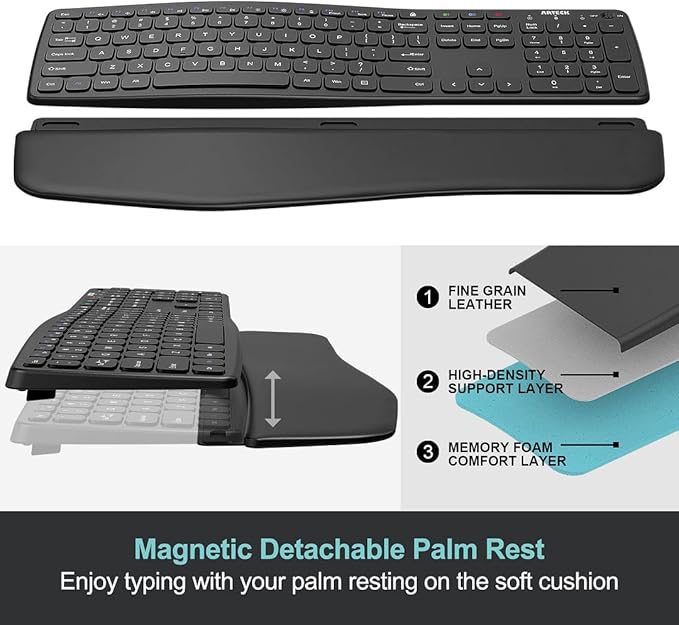 Arteck Bluetooth Keyboard Universal Wave Comfortable Keypad with Palm Rest Multi-Device Full Size Wireless Keyboard for Windows iOS iPad OS Android, Computer Desktop Laptop Surface Tablet Smartphone