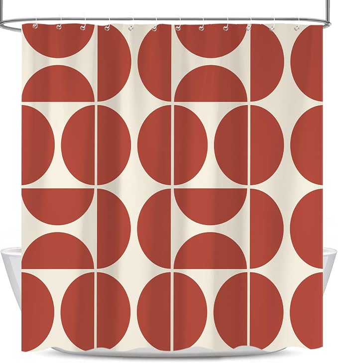 Red Brown Mid Century Modern Shower Curtain, Boho Abstract Geometric Retro Art Shower Curtains for Bathroom, Colorful Unique Pattern Polyester Fabric Shower Curtain Set 12 Hooks 72X72IN