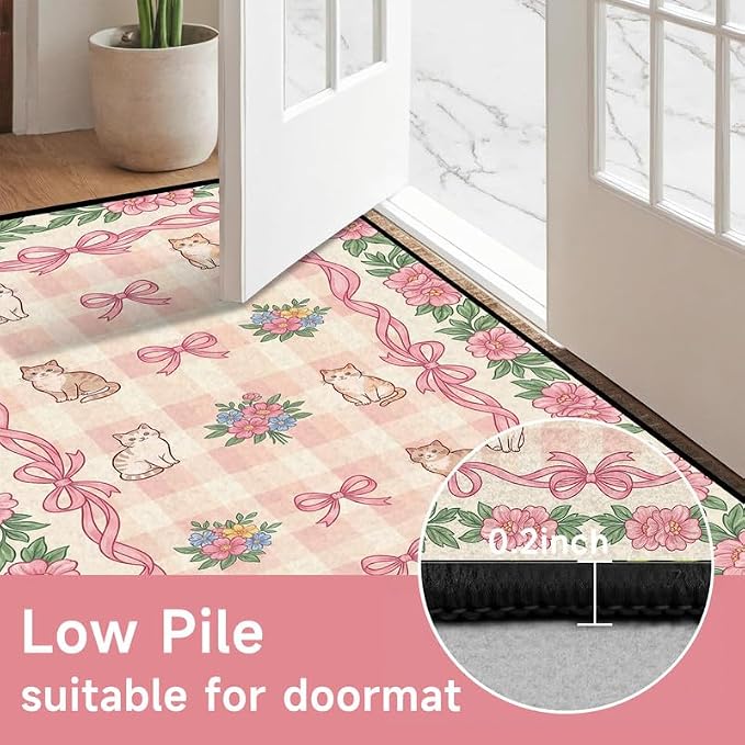 6'x9' Cat Floral Area Rug Pink Bow Flower Carpet Washable Rug Cute Cartoon Boho Floor Mat for Bedroom Living Room Nursery Playroom Classroom Home Decor