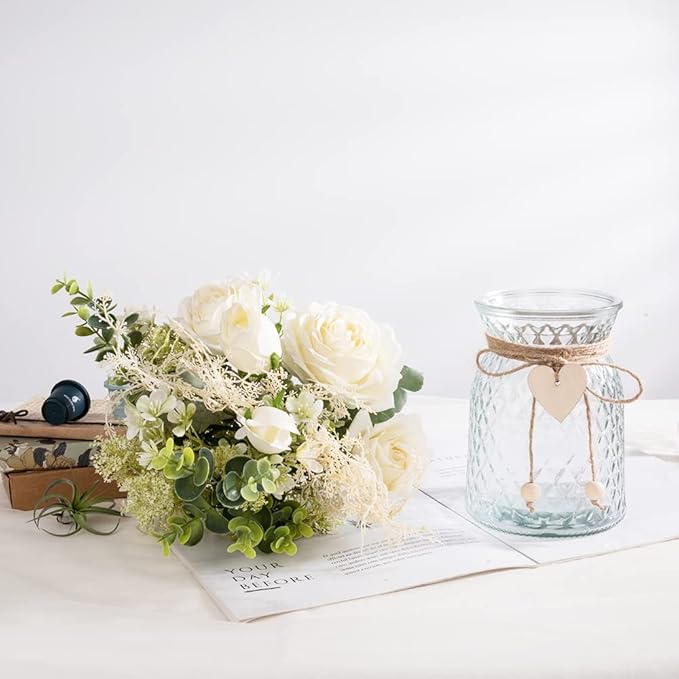 Silk Rose Flowers in Vase, Artificial Flowers Arrangement with Glass Vase Faux Rose for Decoration Table Centerpiece (White Rose)