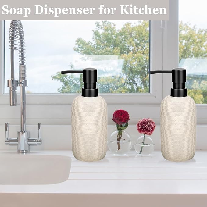 2pcs Hand Soap Dispenser Set - Sandstone Textured Resin Liquid Soap Dispenser for Bathroom & Kitchen Countertop, Matte Beige