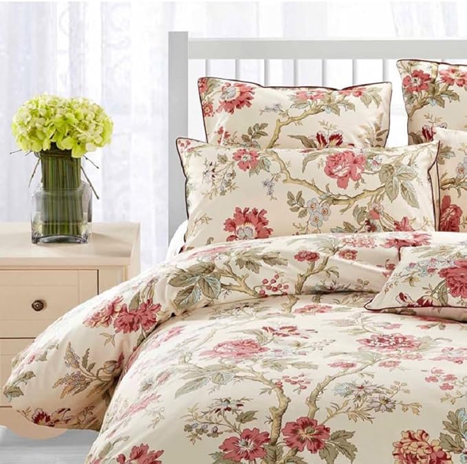 LifeTB Vintage Garden Style Duvet Cover King Red Flower Green Leaves Pattern Floral Duvet Cover Aesthetic Comforter Cover Soft Cotton Floral Bedding Set Botanical Garden Flower Duvet Cover King Size