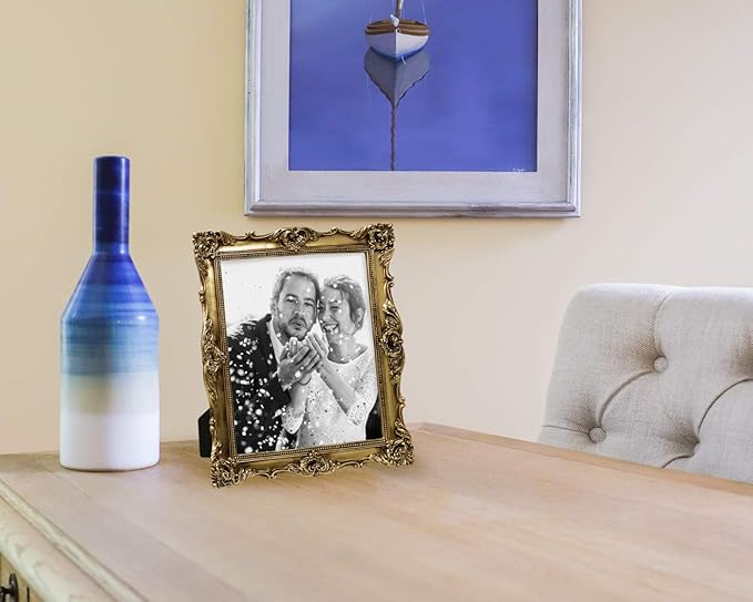 Laura Ashley 8x10 Gold Ornate Textured Hand-Crafted Resin Picture Frame with Easel & Hook for Tabletop & Wall Display, Decorative Floral Design Home Decor, Photo Gallery, Art, More (8x10, Gold)