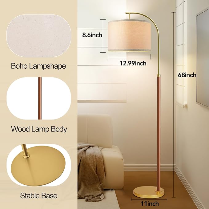 Wood Floor Lamps for Living Room Arc Floor Lamp with Remote Control,Dimmable Farmhouse Floor Lamp Mid Century Modern Standing Lamp with 3 Color Temperature Tall Vintage Floor Lamp For Bedroom Corner